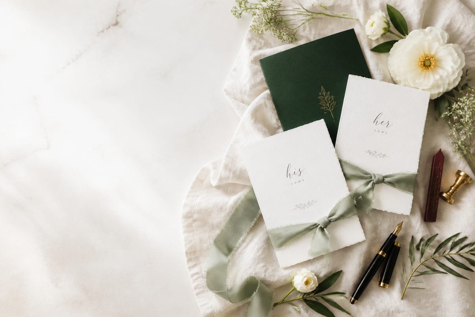 Open notebook, cards, and wedding writing stationery on a calm desk